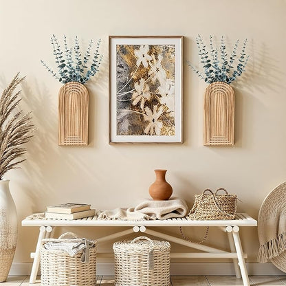 DREAMLOOM 2 Pack Wooden Wall Vases with Eucalyptus Artificial Plants, Wall Hanging Planters Boho Modern Farmhouse Indoor for Narrow Spaces Entryway Bathroom Home Office Decoration, Brown
