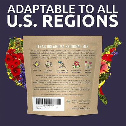 Texas Oklahoma Wildflower Seeds Mixture - Bulk 1 Ounce Packet - Over 15,000 Native Seeds - Open Pollinated and Non GMO