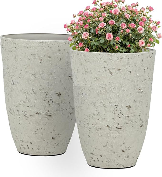 19.5"H Resin Tall Planters for Outdoor Indoor Use, 2-Pack Large Flower Pots, Weather-Resistant Plant Container for Garden Yard Porch or Home Décor, Handcrafted Birch Bark Texture, Country White