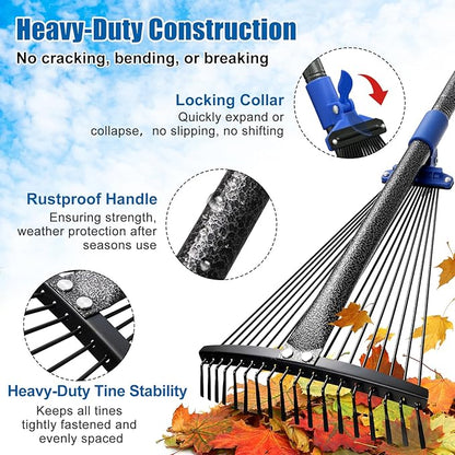 Rake for Leaves: Adjustable Metal Leaf Rake for Lawn, 8-17" Expandable Head,75” Long Handle,Collapsible Heavy Duty Women Kids Garden Rakes for Yard Pine Needles Mulch Grass Debris Gardening Camping