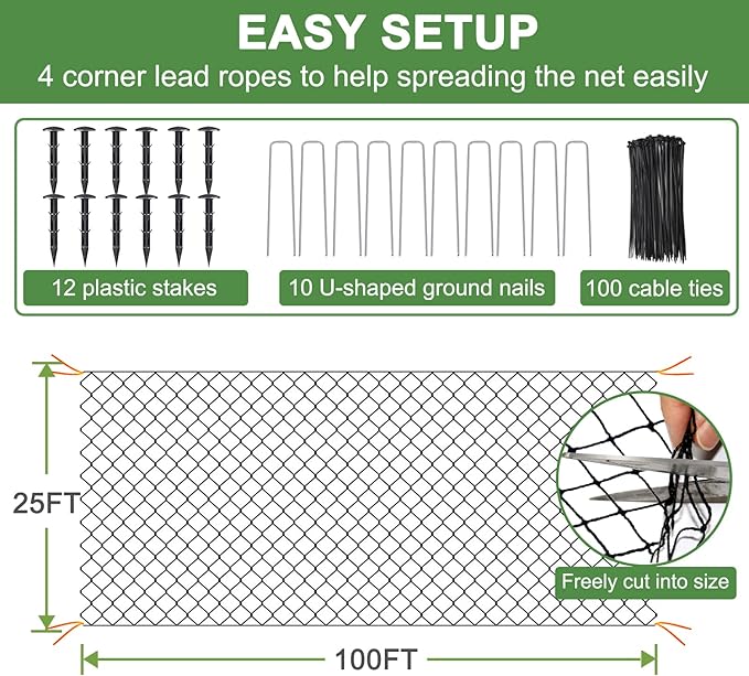 Bird Netting for Garden Protection - 25x100ft Poultry Netting for Chicken Coop, 1” Mesh Heavy Duty Garden Net, Fruit Tree Netting for Blueberry Bushes, Vegetable Against Squirrels, Deer