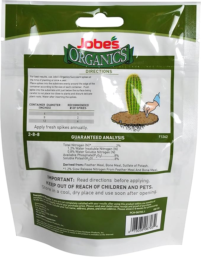 Jobe's Organics Succulent Fertilizer Spikes, Easy Plant Care for Succulent, Cactus, and Aloe Vera Plants, 12 Count