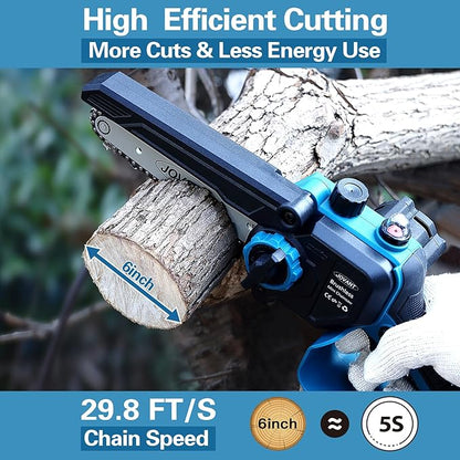 6 Inch Cordless Chainsaw Battery Powered Hand-held Lightweight Tree Branches and Wood Pruning Power Tools, Portable Mini Chain saw for home, garden and outdoor use with 2 * 4000mAh Batteries