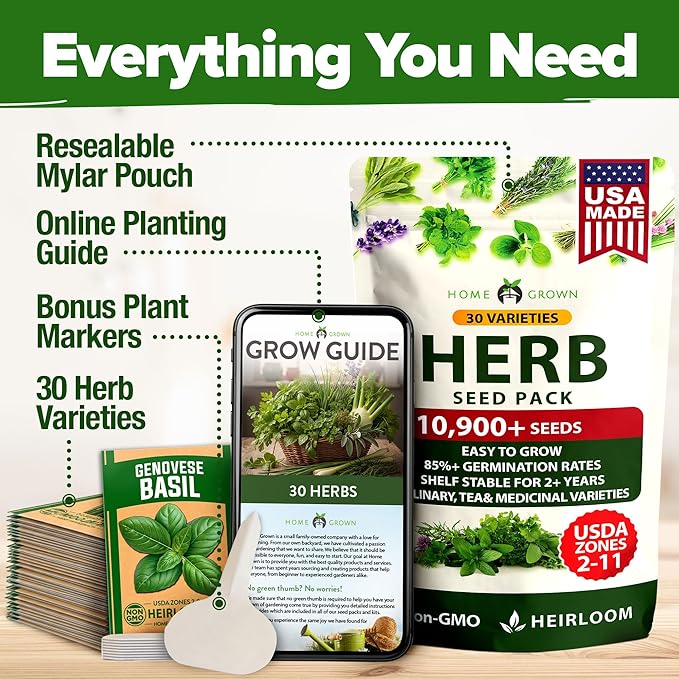 HOME GROWN 30 Herb Seeds for Planting 10,900+ Non-GMO Heirloom Seeds | Extra Large Variety Pack Herb Kit – Indoor Outdoor & Hydroponic | Culinary Seed Set | Grow Your Own Herbs | Gardening Gift