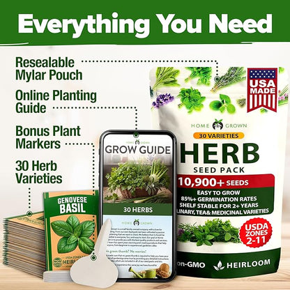 HOME GROWN 30 Herb Seeds for Planting 10,900+ Non-GMO Heirloom Seeds | Extra Large Variety Pack Herb Kit – Indoor Outdoor & Hydroponic | Culinary Seed Set | Grow Your Own Herbs | Gardening Gift