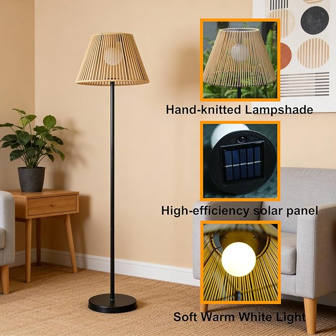 46" Solar Outdoor floor lamps for Patio Decor. Rattan Wicker Lights,Hand Woven Lamp Stable MetalLanterns Outdoor Waterproof Rechargeable,Ideal for Gardens, Yards, Pathways, Driveways and Porches.