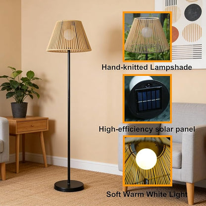 46" Solar Outdoor floor lamps for Patio Decor. Rattan Wicker Lights,Hand Woven Lamp Stable MetalLanterns Outdoor Waterproof Rechargeable,Ideal for Gardens, Yards, Pathways, Driveways and Porches.