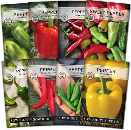 Sow Right Seeds - Hot & Sweet Pepper Seed Collection for Planting - California Wonder, Cubanelle, Marconi Red, Jalapeno, Serrano, Sunbright, Cayenne, Anaheim - Non-GMO Heirloom Peppers to Plant