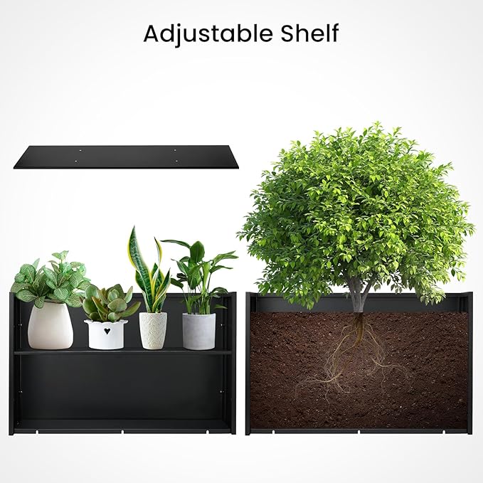 Heavy Duty Steel Raised Planter Box 30”x12”x24 with Adjustable Shelf - Rust-Resistant Large Indoor/Outdoor Garden Container, 6 Drainage Holes, Reinforced Metal for Patio, Balcony, Deck