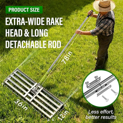 36x12 inch Lawn Leveling Rake,Heavy-Duty Stainless Steel Landscape Rake with an Adjustable 78'' Extra Long Handle Lawn Leveling Tool for Yard,Backyard,Garden,Golf,Farm,Pasture