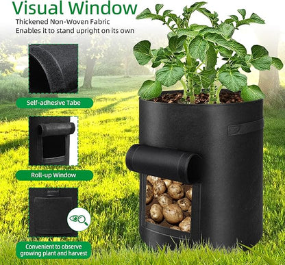 6 Pack Potato Grow Bags, 10 Gallon Planting Bags Large Fabric Pots with Flap Window Vegetable Planter Garden Pot Tall Potato Growing Containers with Handles for Vegetables, Fruits, Black + Grey