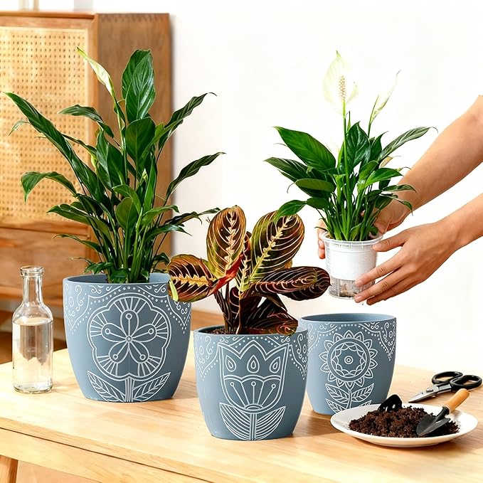 Terracotta Plant Pots,6.5+5+4.4 Inch Plant Pots Indoor with Drainage Hole- Floral Pattern,Blue Ceramic Planters for Indoor Plants,Boho decorative Flower Pots for Succulents,Herbs Plants,Set of 3