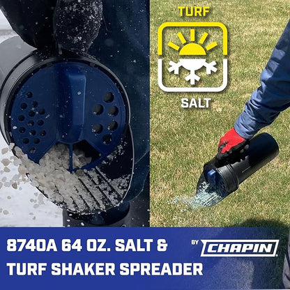 Chapin 8740A: 64-Ounce Black Poly Hand Shaker Spreader for Turf,Fertilizer,Grass Seed,Salt and Sand,Year-Round Use,Large Grip Handle with 3 Openings for Pellets and Particles,(Pack of 6)