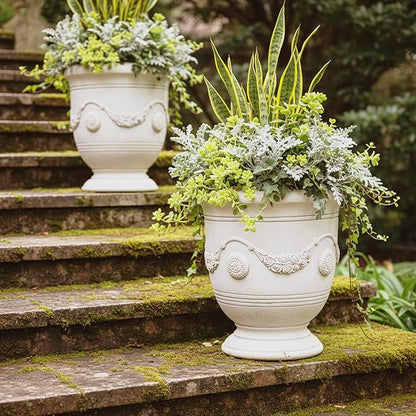 Planters for Indoor & Outdoor Plants, 16.5 Inch Large Magnesium Oxide Urn Planter with Drainage Hole, Decorative Unique Garden Plant Pots for Front Porch & Home Decor, Lightweight, White