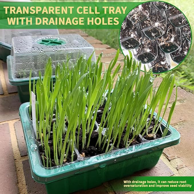 60-Cell Seed Starter Tray, 5 Pack – Cells Plant Grow Kit with Humidity-Vented Domes and Base for Organic Seed Germination, Ideal Plant Starter Kit with Labels & Transplant Tools