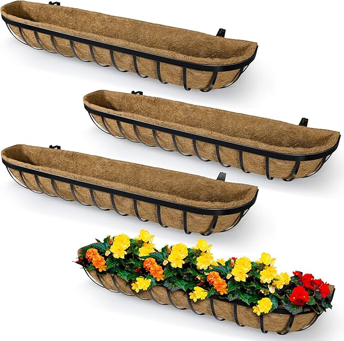4 Pack 30 Inch Window Deck Railing Planter Boxes with Coconut Liner, Large Hanging Window Flower Boxes Metal Railing Planter for Balcony Fence Porch (4, 30 Inch)
