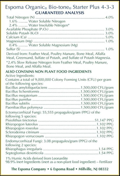 Espoma Organic Bio-Tone Starter Plus 4-3-3 Natural & Organic Starter Plant Food with Both Endo & Ecto Mycorrhizae; 4 lb. Bag; The Ultimate Starter Plant Food
