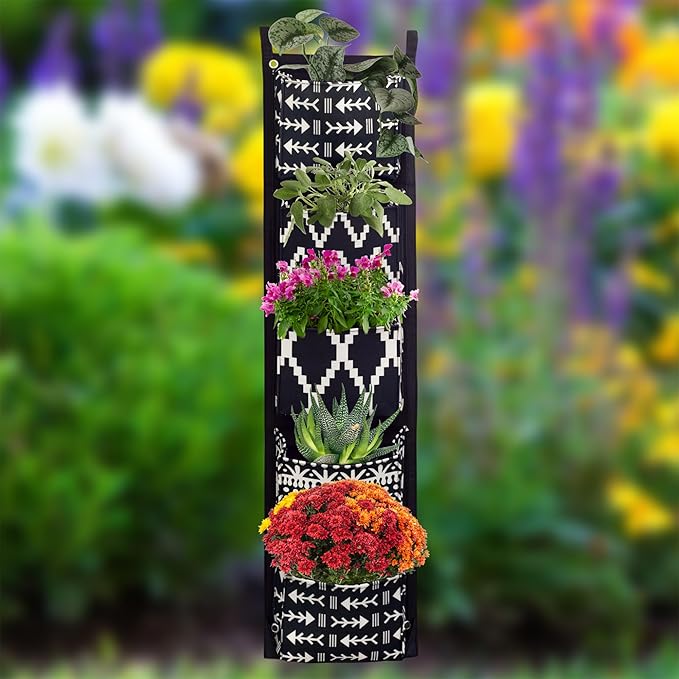 Boho Fabric Hanging Planter (3 Sets of 5 Pockets); Vertical Hanging Herb/Flower Planter