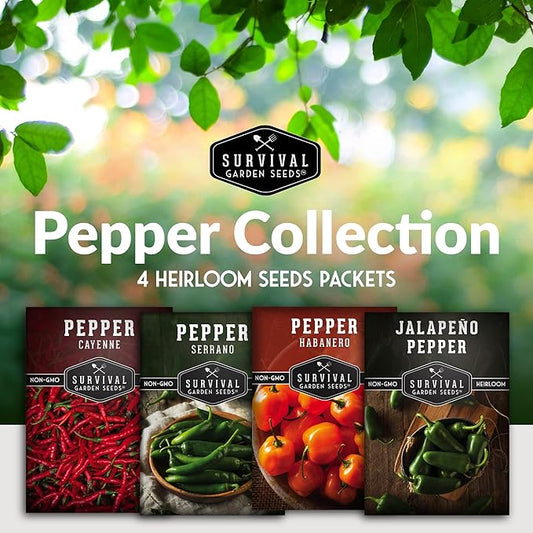 Hot Pepper Seeds Variety Pack for Planting | 4 Varieties: Jalapeno, Serrano, Cayenne & Habanero – Spicy Heirloom Chili Peppers for Hot Sauce & Salsa – Non-GMO – Survival Garden Seeds