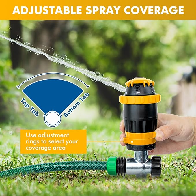 RESTMO Gear Drive Sprinkler with Metal Spike Base, 5-Pattern Heavy Duty Gardening Watering System, Multi-Adjustable Lawn Sprinkle for Garden Plant, Flower Bed and Large Yard Area Watering, Yellow
