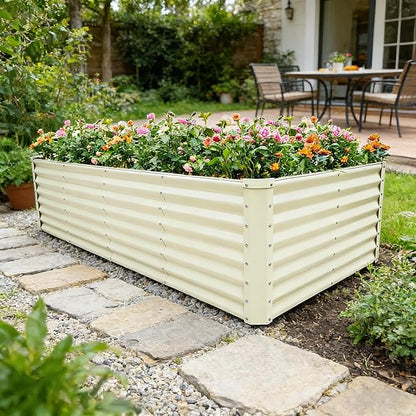 GARDMAX 8x4x2FT Galvanized Raised Garden Bed Kit, Metal Planter Boxes Outdoor with Easy Assembly, Large Garden Bed for Vegetables, Fruits, Flower, Herbs Rectangle Milk White