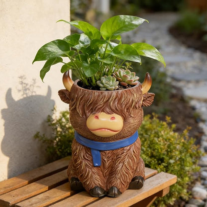 Cute Highland Cow Planter Pot - Shaggy Resin Succulent Pot with Drainage, Aesthetic Scottish Cow Flower Pot for Boho Home Decor, Desk, Patio | Unique Cow Gifts for Women, Mom, Plant Lovers (Brown)