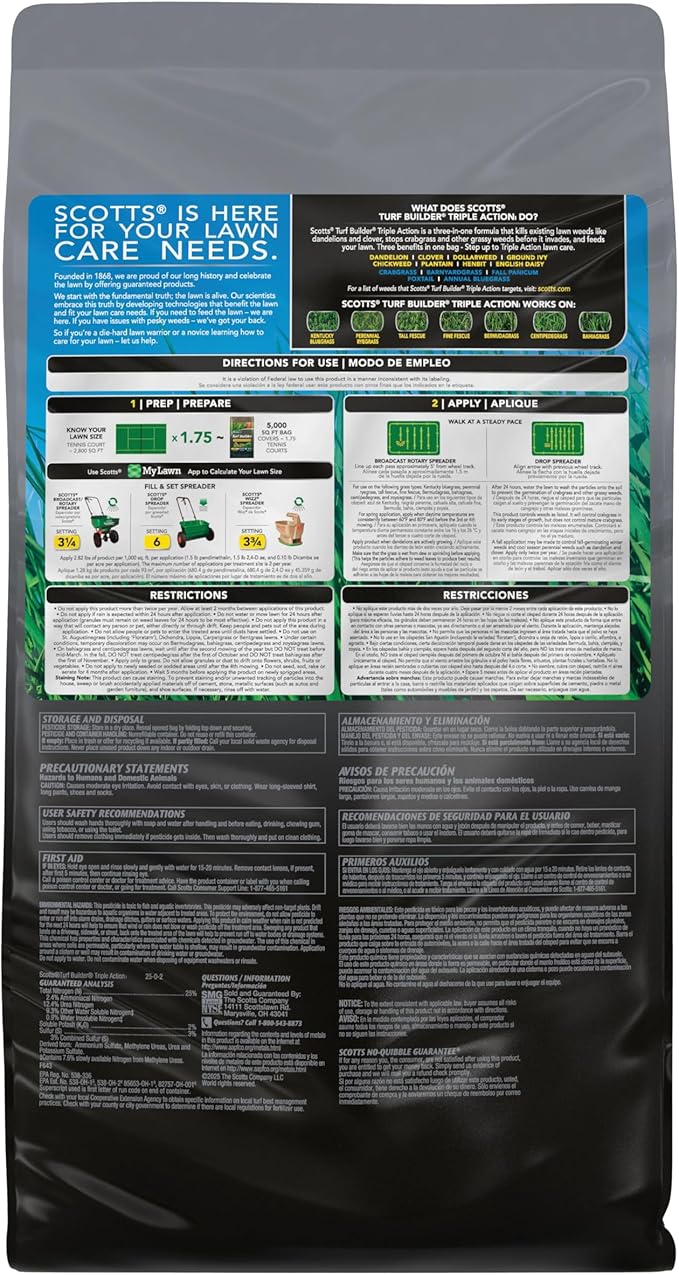 Scotts Turf Builder Triple Action1, Combination Weed Control, Weed Preventer, and Fertilizer, 25-0-2, 5,000 sq. ft., 14.10 lbs.