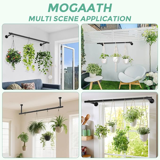 Window Plant Hanger Indoor, 48 Inch Heavy Duty Plant Hanging Rod, 1 Inch Metal Hanging Plant Holder for Window Wall, Matte Black Round Flange Base, Pot Not Included