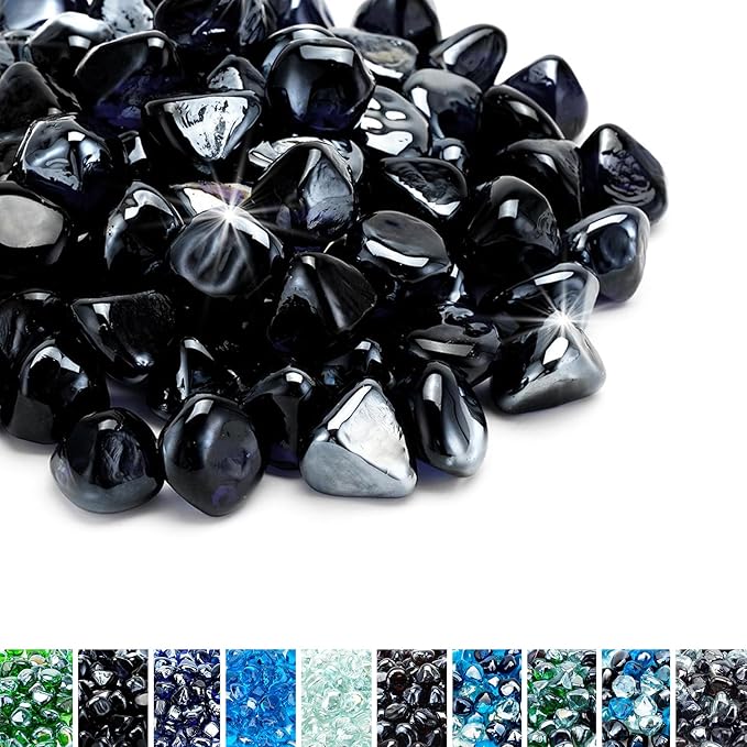 Skyflame 10-Pound Fire Glass Diamonds for Fire Pit Fireplace Landscaping, 1/2 Inch Reflective Glass Fire-Diamonds, Onyx Black