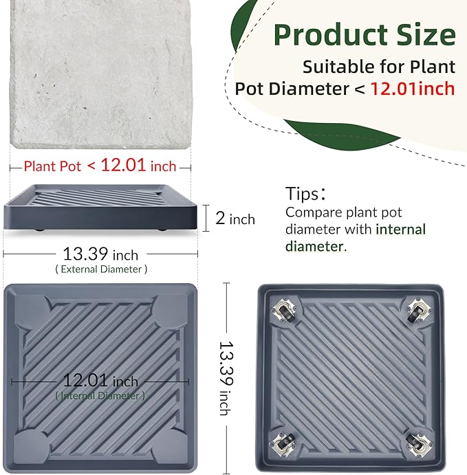 2PCS Square Plant Caddy with Hidden Wheels, Heavy Duty Rolling Plant Stand Caddy with Wheels, Pot Base for Indoor Outdoor, Gray, 13 inches