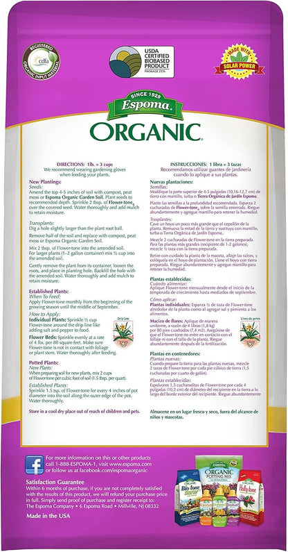 Espoma Organic Flower-Tone 3-4-5 Natural & Organic Plant Food; 4 lb. Bag; Organic Fertilizer for Flowers, Annuals, Perennials & Hanging Baskets. Blossom Booster - 3 Pack