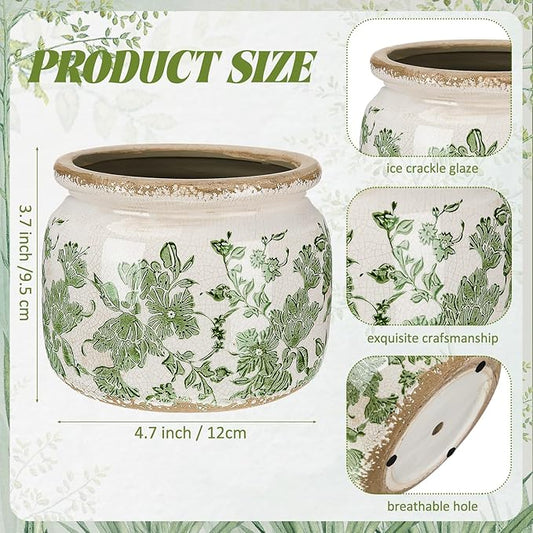 4.7" Small Ceramic Plant Pot Beige Green Vintage Floral Crackle Glaze Rustic Flowers Pot Decorative Planter with Drainage for Indoor Outdoor Plants Home Kitchen Office Decor Gift