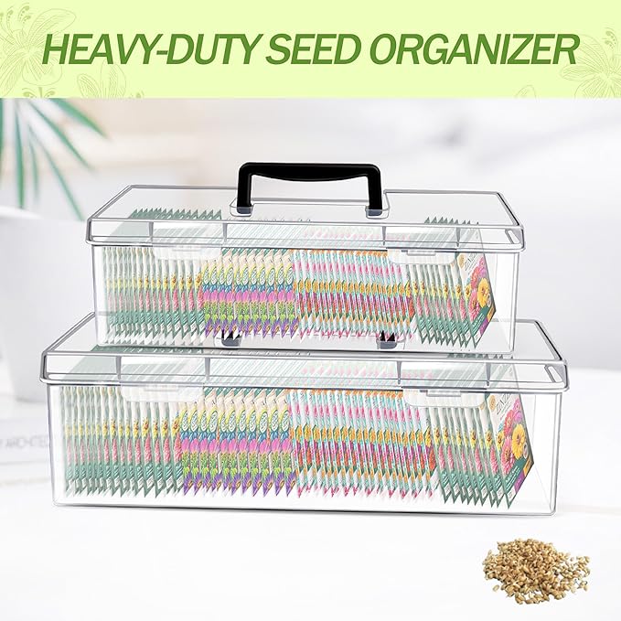 GRETJOB Seed Organizer Storage Box - 2 Pack Clear Plastic Seed Packet Keeper with Secure Lids (14x4.2x4.7in + 11.8x3.7x3.7in)