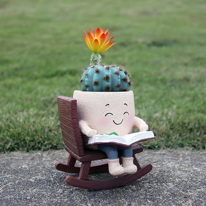 Cute Plant Pots Head Planters, Funny Rocking Chair Reading Book Planter Cactus Face Pot with Drainage Hole for Indoor Outdoor Plants, Unique Plant Lover Gifts