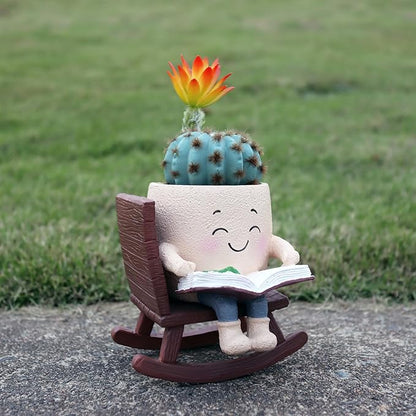 Cute Plant Pots Head Planters, Funny Rocking Chair Reading Book Planter Cactus Face Pot with Drainage Hole for Indoor Outdoor Plants, Unique Plant Lover Gifts