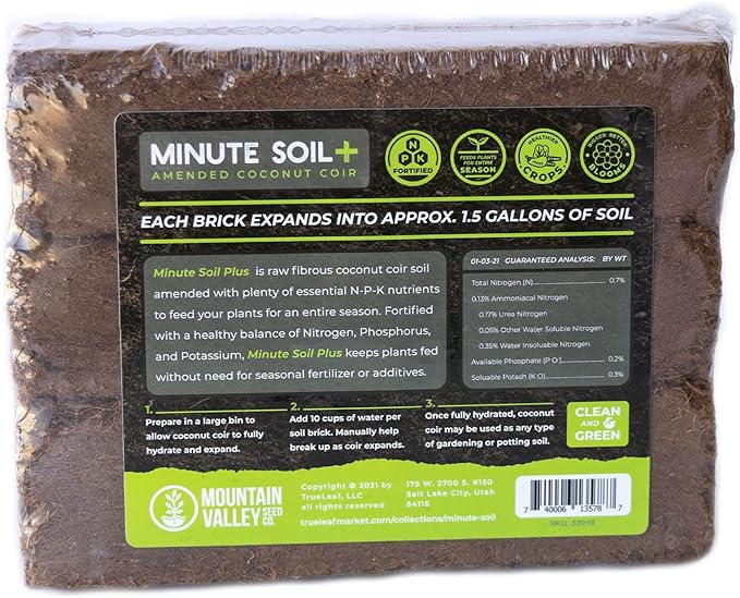 Minute Soil Plus Brick - NPK Amended Compressed Coco Coir Fiber Grow Medium - 3 Bricks = 1.5 Gallons of Potting Soil Each - Gardening, Plants, Flowers, Herbs, Microgreens - Peat Free