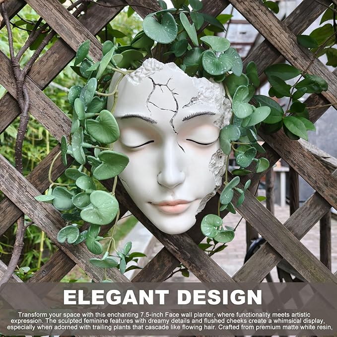 Elegant Face Wall Planter - Matte White Resin Flower Pot with Drainage Hole, 7.5" Artistic Hanging Vase for Succulents & Small Plants
