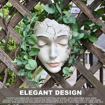 Elegant Face Wall Planter - Matte White Resin Flower Pot with Drainage Hole, 7.5" Artistic Hanging Vase for Succulents & Small Plants