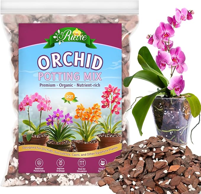 Riare 2QT Orchid Potting Mix, Natural Orchid Bark Potting Mix Soil Medium with Pine Bark and Perlite, Premium Orchid Repotting Kit for Phalaenopsis Dendrobiums, Enhanced Drainage & Root Expansion