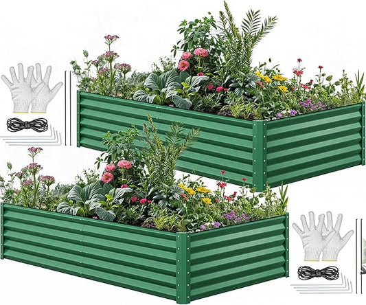 YITAHOME 96x48x18 in 2pcs Galvanized Raised Garden Bed Kit, Large Metal Planter Box with Gloves, Safety Rubber & Support Rod, Outdoor Flower Bed for Plants Vegetables, Green