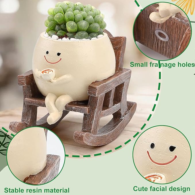 Smily Face Planter Pots for Indoor Plants, Cute Resin Flower Head Planters, Rocking Chair Succulent Flower Pots with Drainage Hole, Gift IdeaI for Birthday