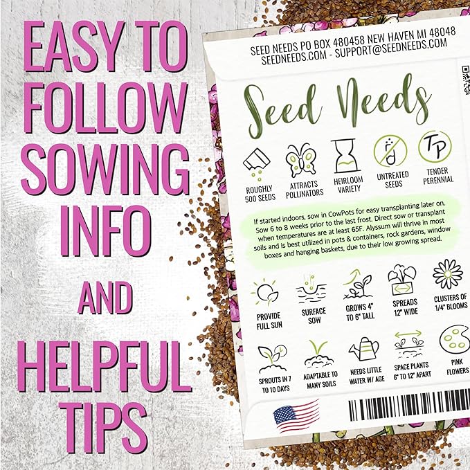 Seed Needs Heirloom Alyssum Flower Seed Packet Collection Variety Pack (Includes 4 Packets) Basket of Gold, Royal Carpet, Dwarf Pink & Carpet of Snow - Perfect for Rock Gardens