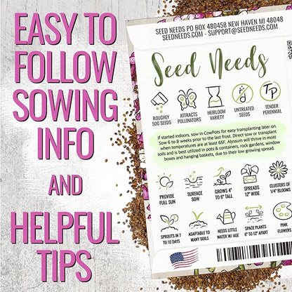 Seed Needs Heirloom Alyssum Flower Seed Packet Collection Variety Pack (Includes 4 Packets) Basket of Gold, Royal Carpet, Dwarf Pink & Carpet of Snow - Perfect for Rock Gardens