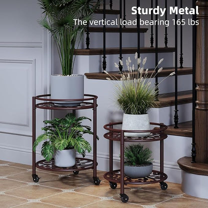 2 Tier Rolling Plant Stand with Wheels, Mid Century Modern Metal Stand for Planters, 2 Sizes 9 Inch & 11 Inch, Indoor Outdoor Movable Flower Pot Holder for Decor Home Garden Patio Load Bearing 165 LB 2 Pack Coffee