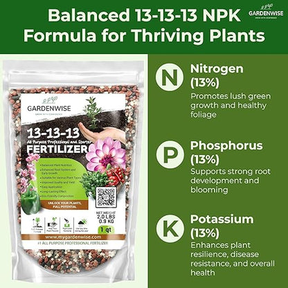 13-13-13 Slow Release Granular Fertilizer – All Purpose Plant Food 13 13 13 for Outdoor Grass, Vegetables, Roses, Flowers, Shrubs, Trees. Lawns, Gardens, Potted Plants (1 Quart)