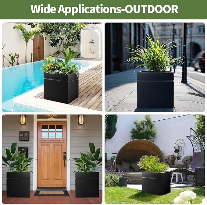 Matel Planter Box 17" L x 17" W x 18" H, Cube Heavy Duty Powder Coating Steel Planters with Drainage Hole, Indoor Outdoor All-Weather Use for Home, Porch, Patio, Hotel(Black)