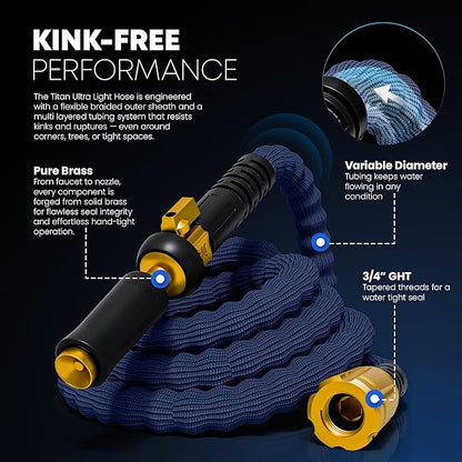 TITAN Flexible Garden Hose 10FT – Ultra Lightweight, Heavy Duty Water Hose with Brass Fittings & Jet Nozzle – Kink-Free, Non-Expanding, Durable Fabric Hose for Yard, Lawn, Car Wash, Outdoor Use