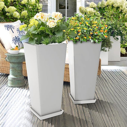 Set of 4 24" Tall Plastic Planters with Trays, Large Tapered Plant Pots for Indoor Outdoor Use, Modern Decorative Planters for Porch, Patio, Garden, and Backyard