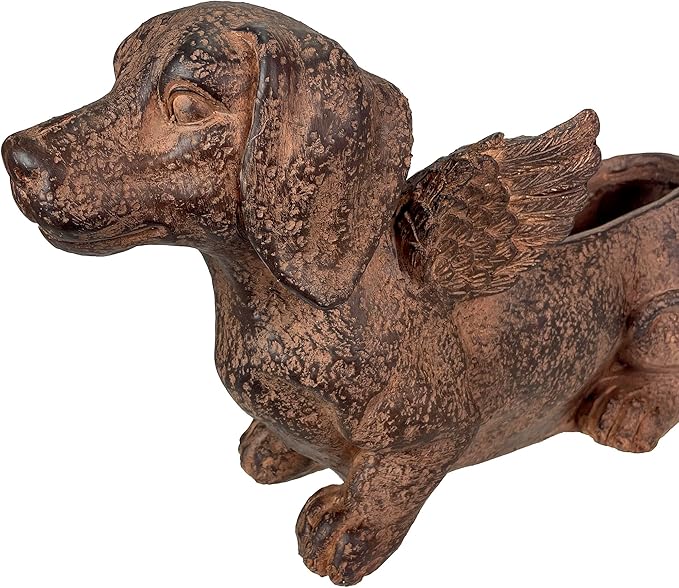 Whimsical Flying Dachshund Planter with Drain Hole – 18 Inch Brown Magnesium Oxide Wiener Dog Animal Planter for Succulents, Flowers, Indoor Outdoor Rustic Decor – Weather-Resistant Dog Garden Pot