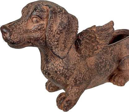 Whimsical Flying Dachshund Planter with Drain Hole – 18 Inch Brown Magnesium Oxide Wiener Dog Animal Planter for Succulents, Flowers, Indoor Outdoor Rustic Decor – Weather-Resistant Dog Garden Pot